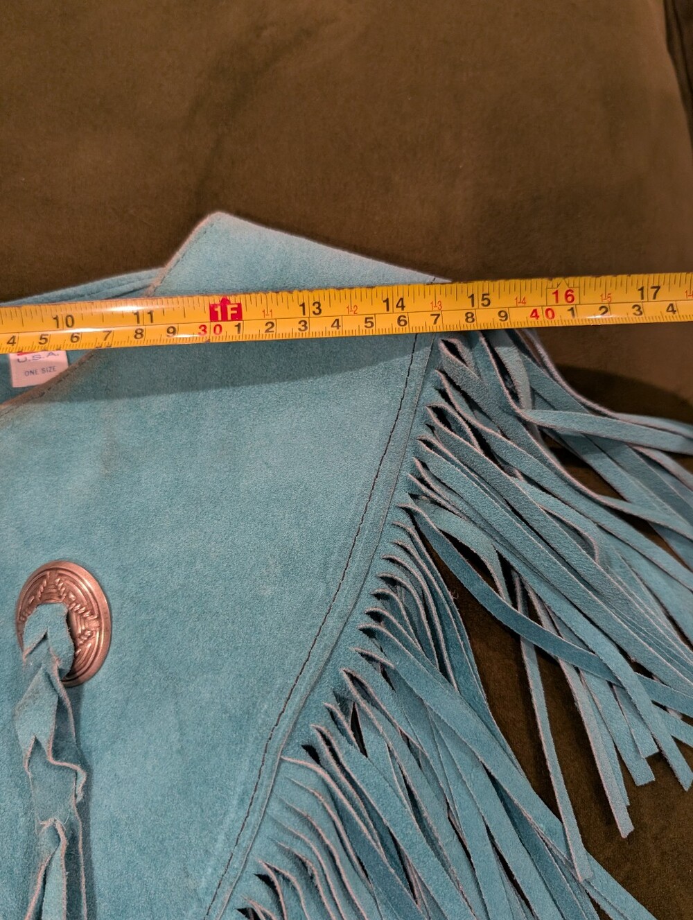 Vintage Steer Brand Teal Suede Fringe Cape with Conchos - Boho Western Statement - Picture 13 of 16